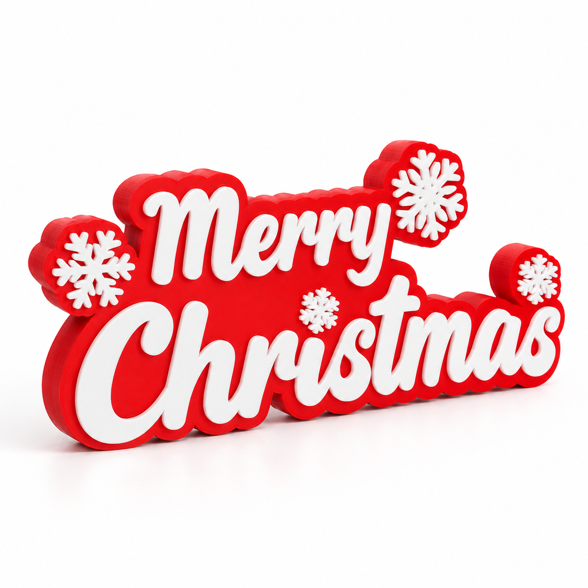 Red Merry Christmas sign with raised white script lettering and white snowflakes