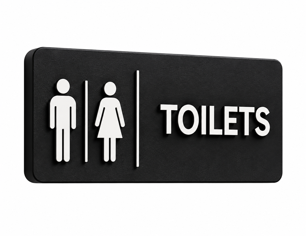Black 3D printed Toilets door sign with white raised icons and lettering