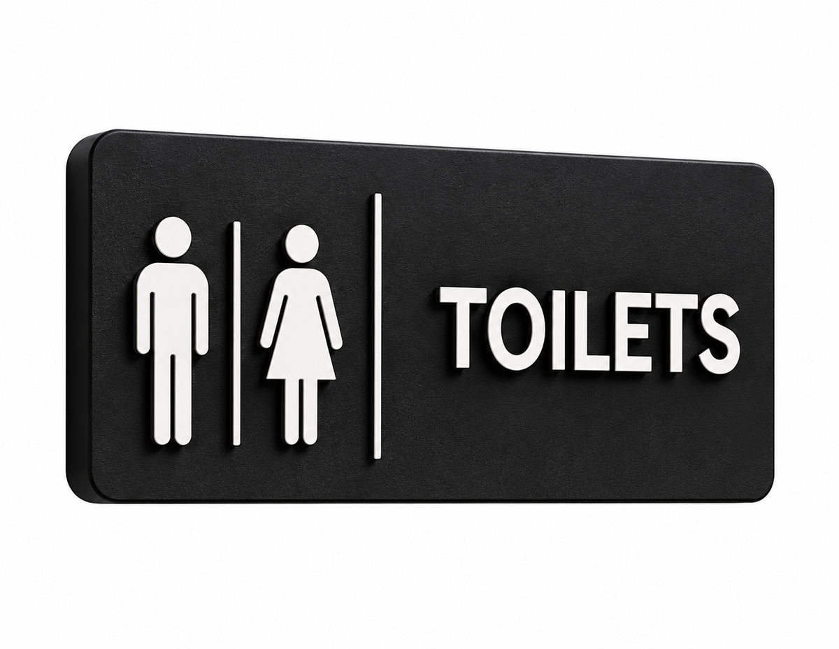 Black 3D printed Toilets door sign with white raised icons and lettering