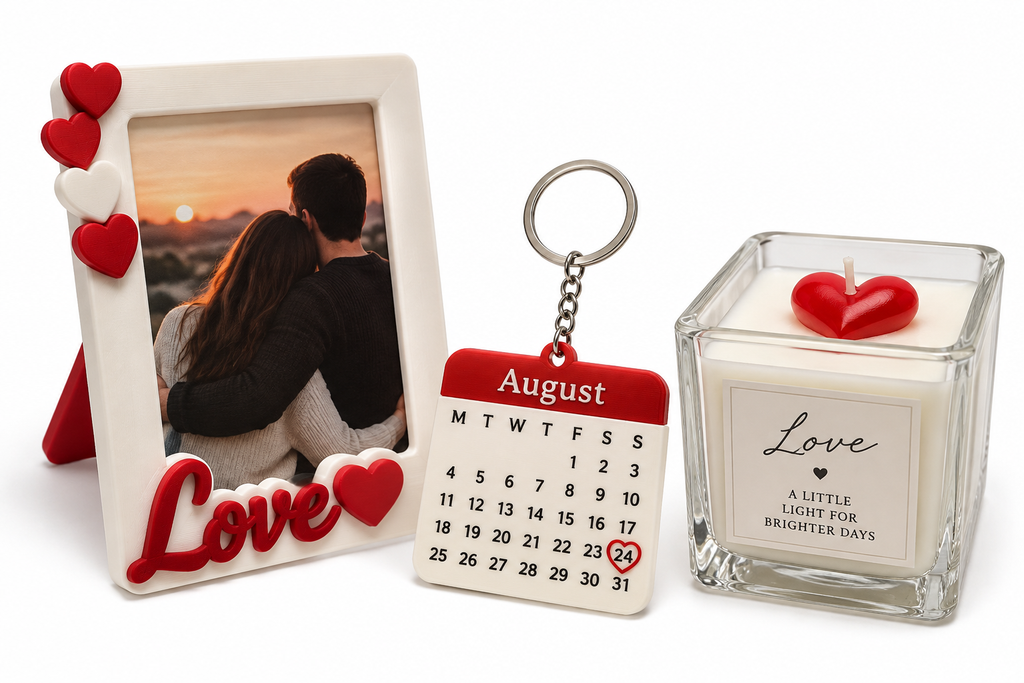 Valentine's Day gift kit with Love photo frame, calendar keychain and Love candle styled with flowers