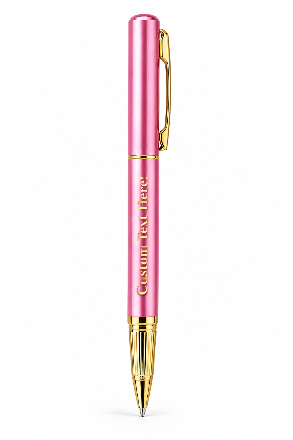 Personalised engraved rose pink and gold pen with custom text