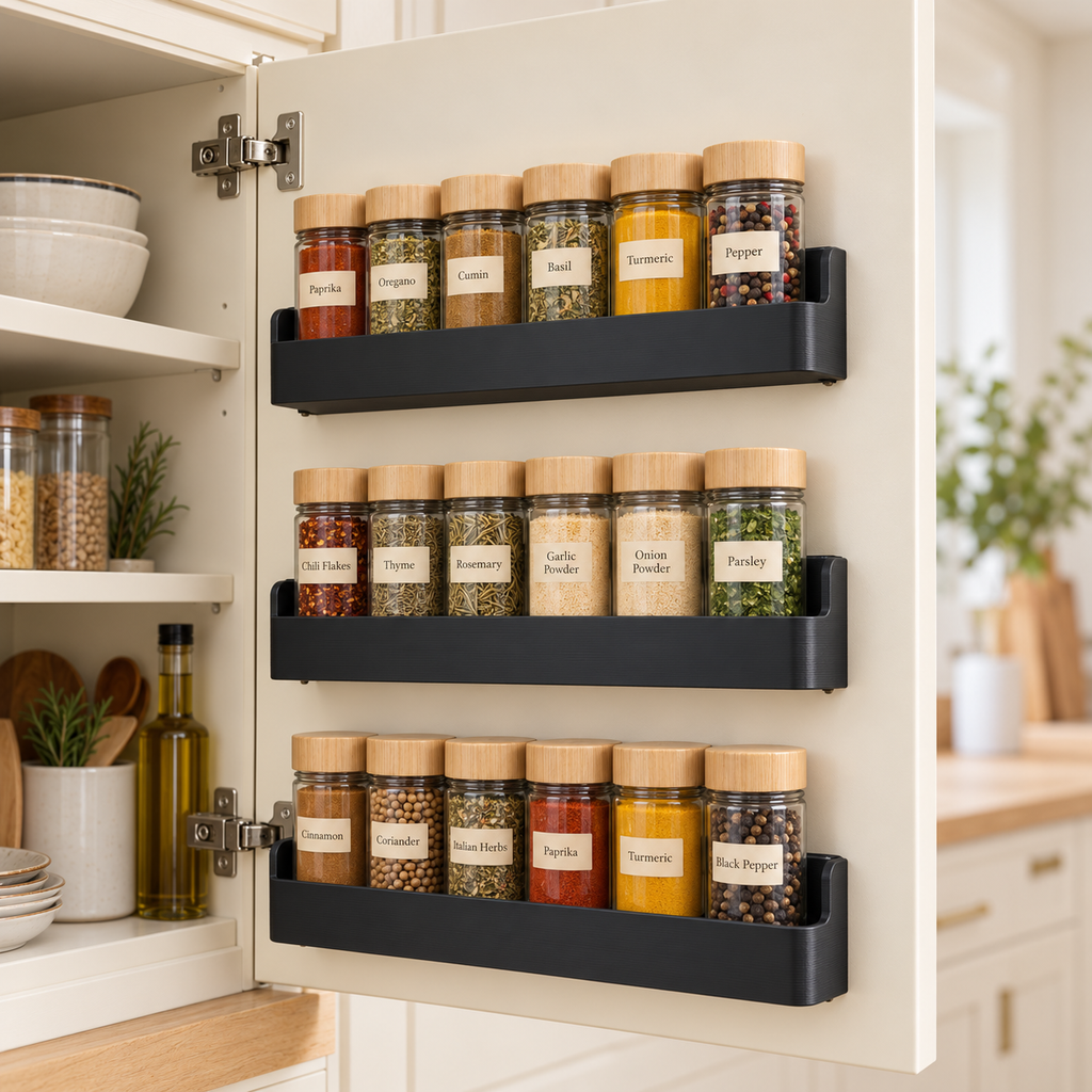 Three black spice organisers displayed with spice jars on a cupboard door