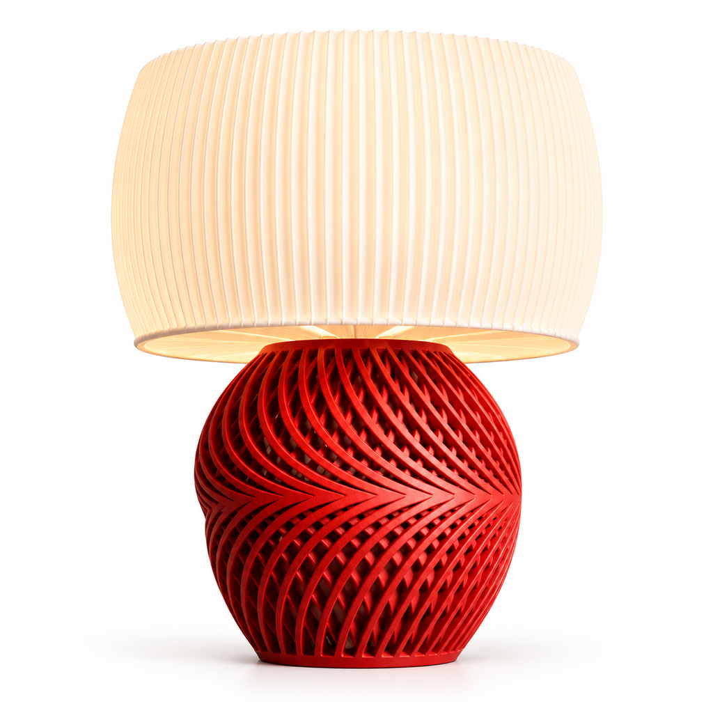 Red and white modern table lamp displayed on a wooden side table in a living room