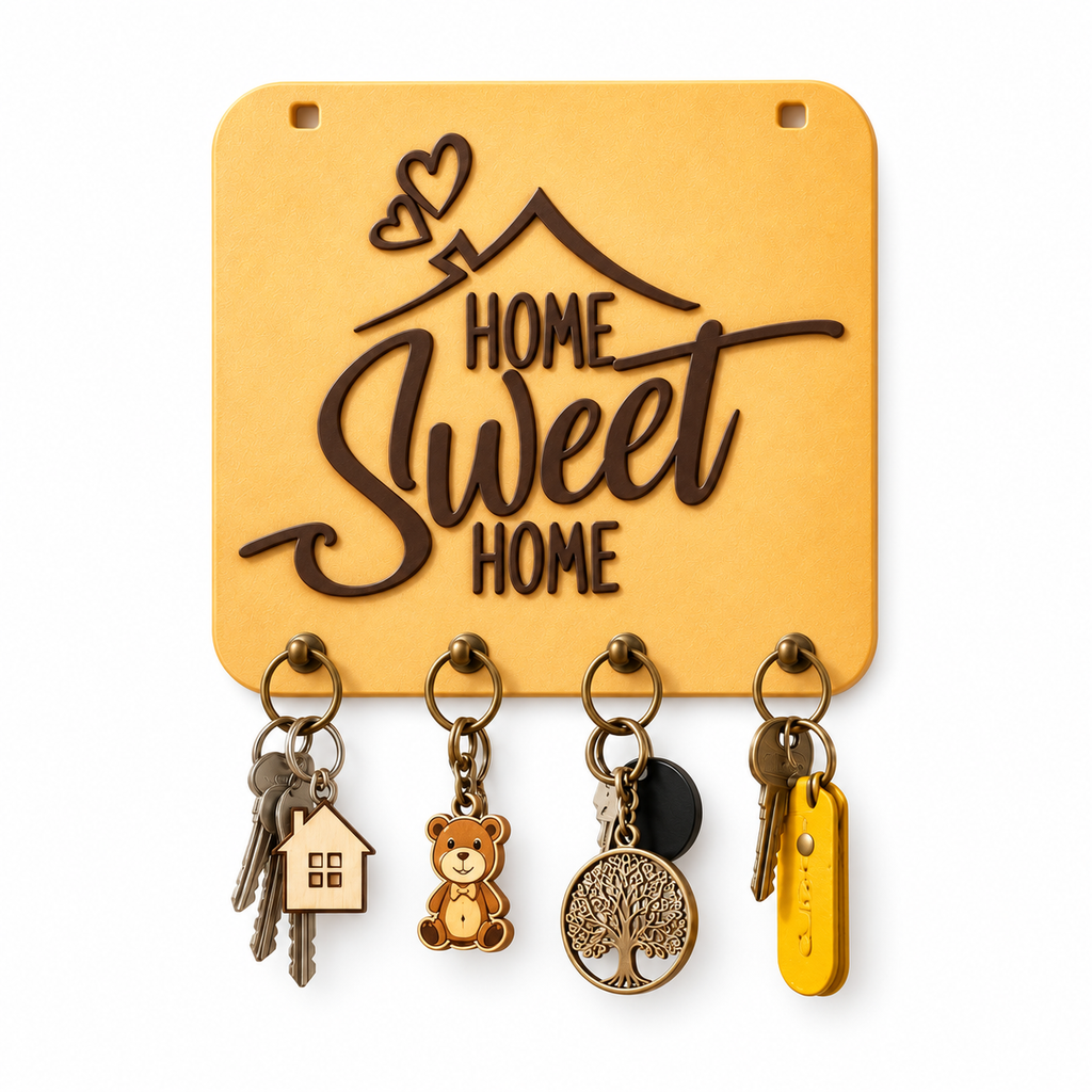 Yellow Home Sweet Home key holder with heart and house details displaying keys on a white background