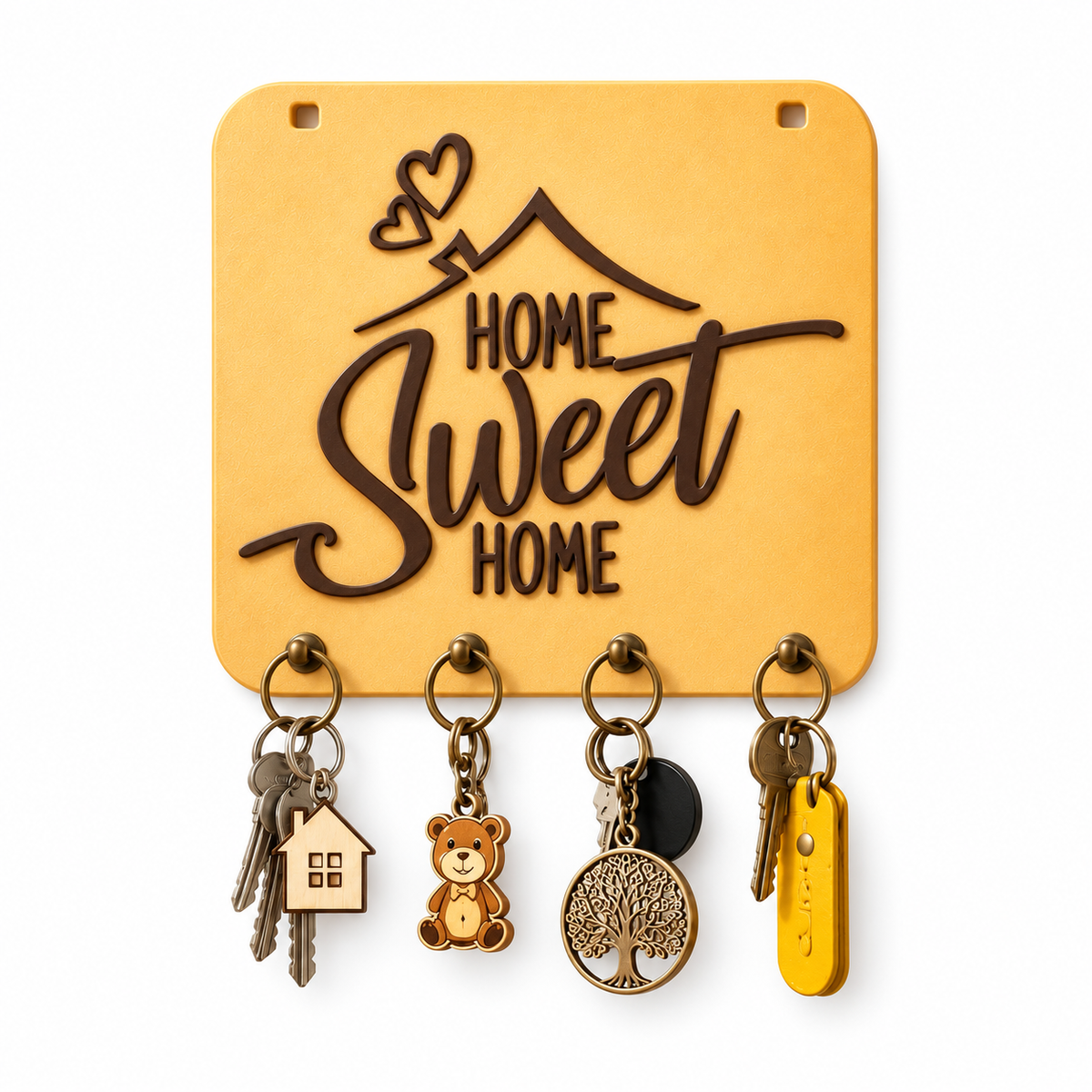 Yellow Home Sweet Home key holder with heart and house details displaying keys on a white background