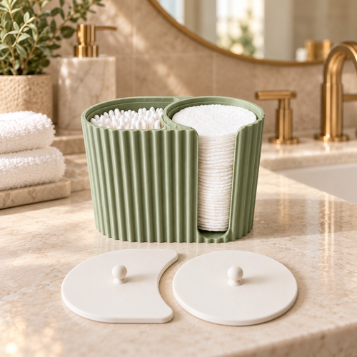 Ribbed cotton bud and cotton pad organiser with two removable lids on a white background