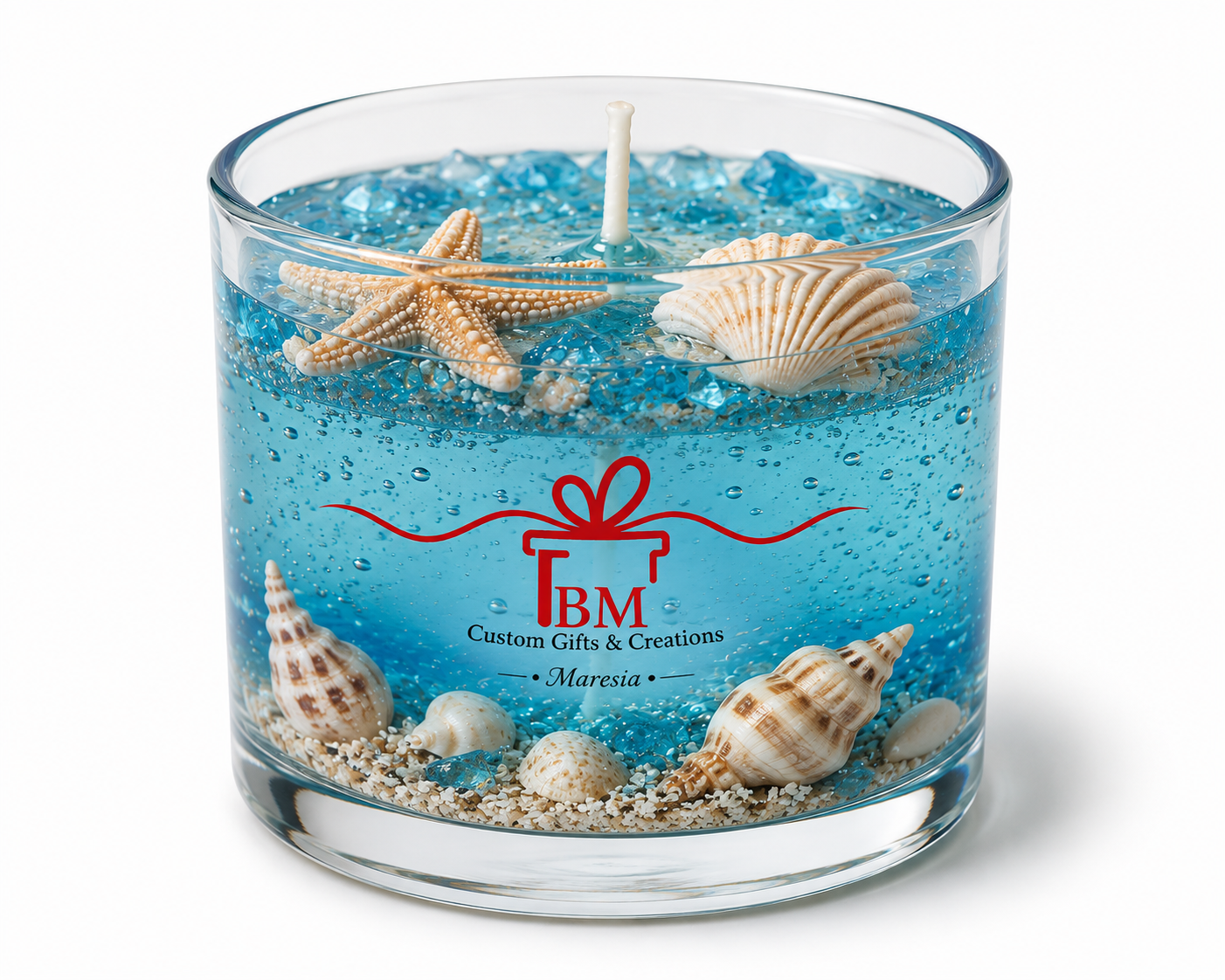 Vela Maresia em gel transparente com conchas e estrela-do-mar