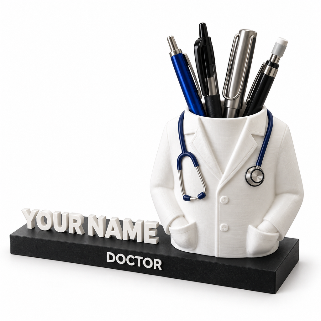 Personalised doctor pen holder with white coat, decorative stethoscope and name on a black base, shown on a white background.