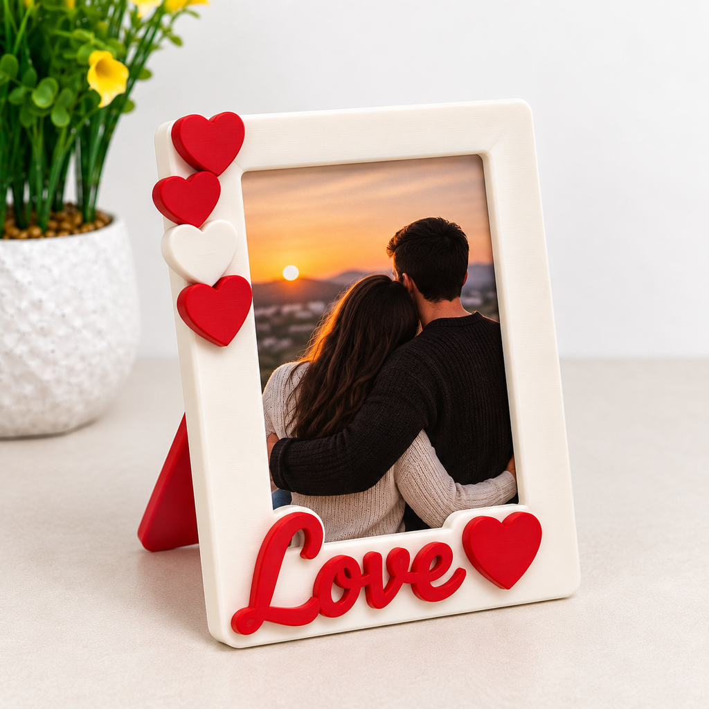 Personalised Love photo frame with heart decorations displaying couple at sunset