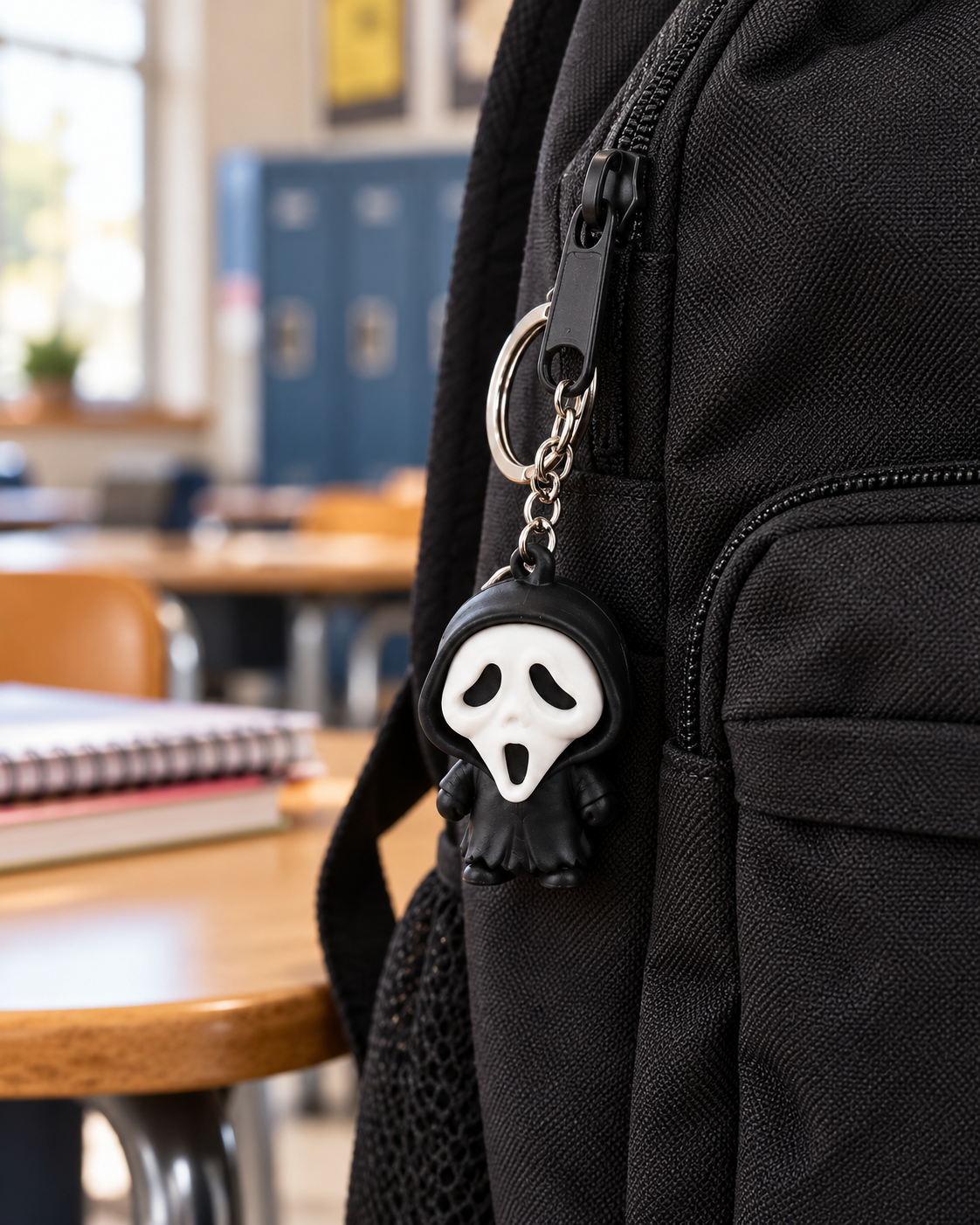 Ghost-face character keychain hanging from a black backpack