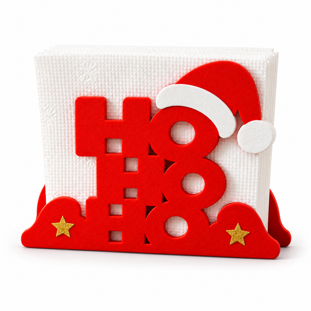 Red Ho Ho Ho Christmas napkin holder with white Santa hat trim and gold star details