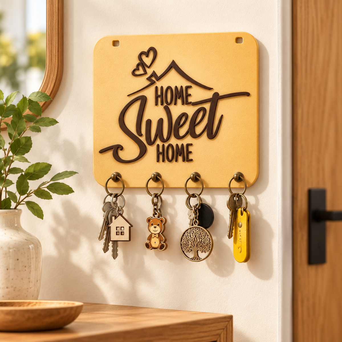 Yellow Home Sweet Home key holder displayed on a hallway wall with keys and keyrings