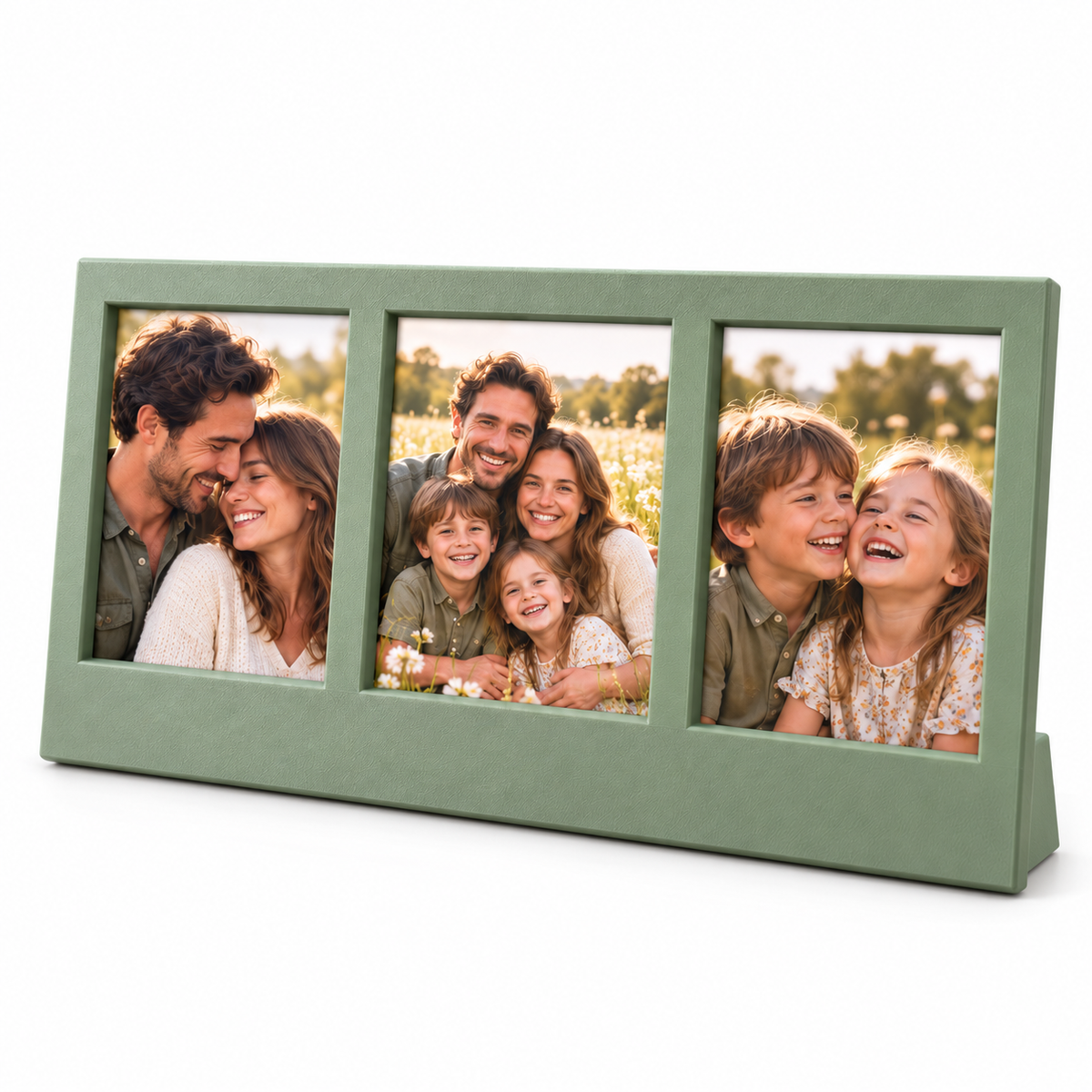 Triple photo tabletop frame displayed on a wooden table