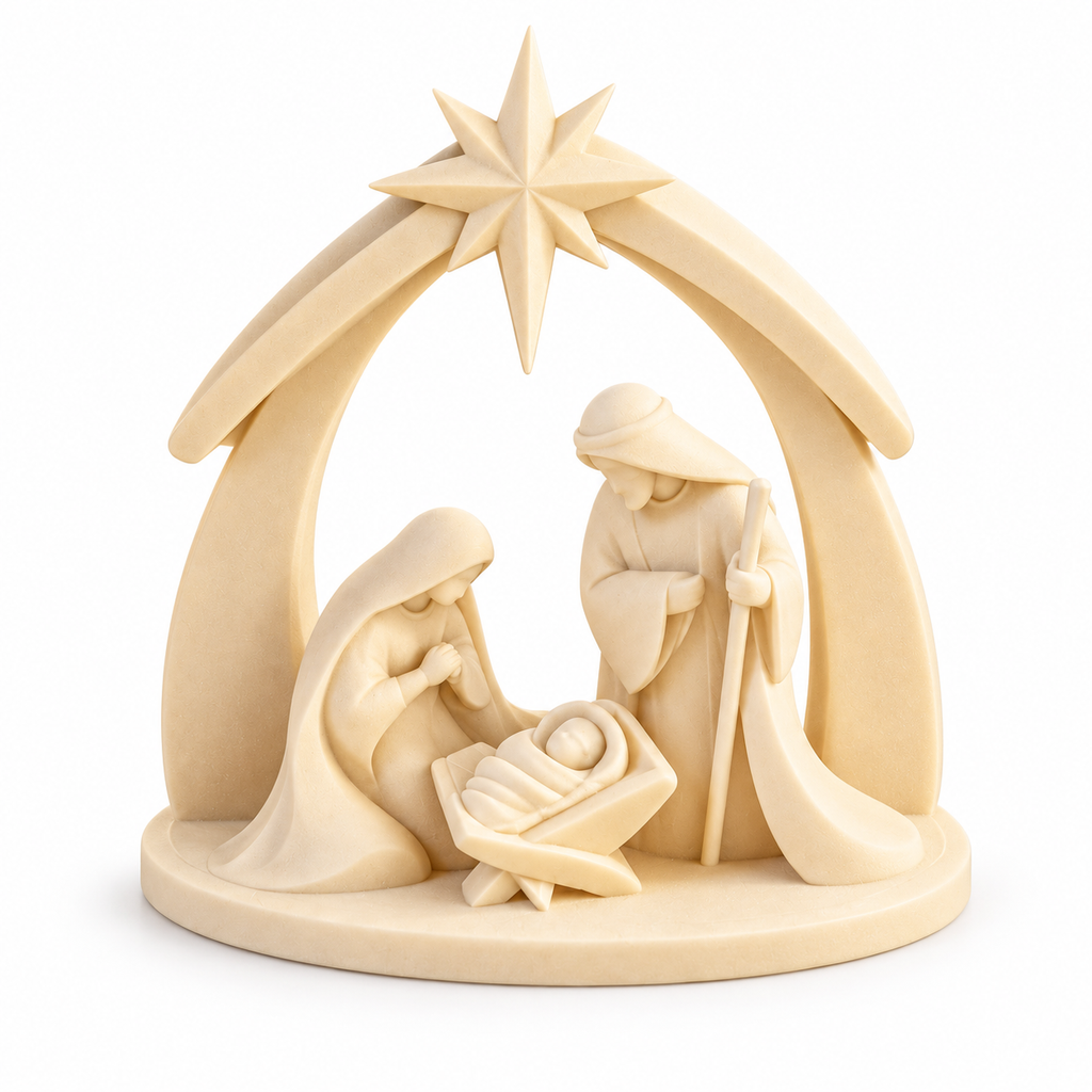 White Holy Family nativity scene beneath a curved shelter topped with a star