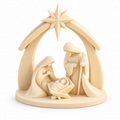 White Holy Family nativity scene beneath a curved shelter topped with a star