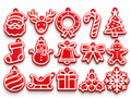 Christmas tree displaying festive ornament designs in red and white