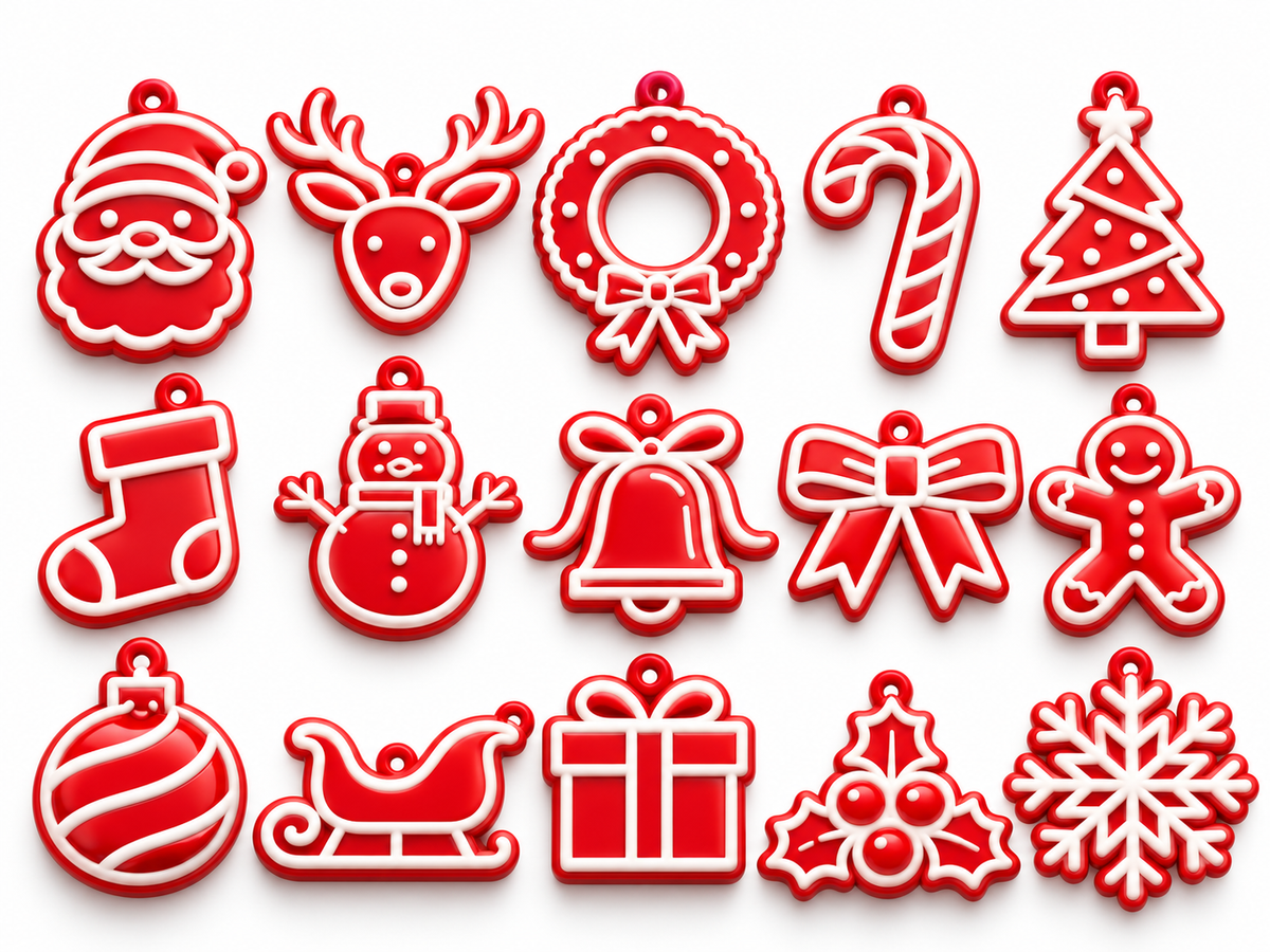 Christmas tree displaying festive ornament designs in red and white