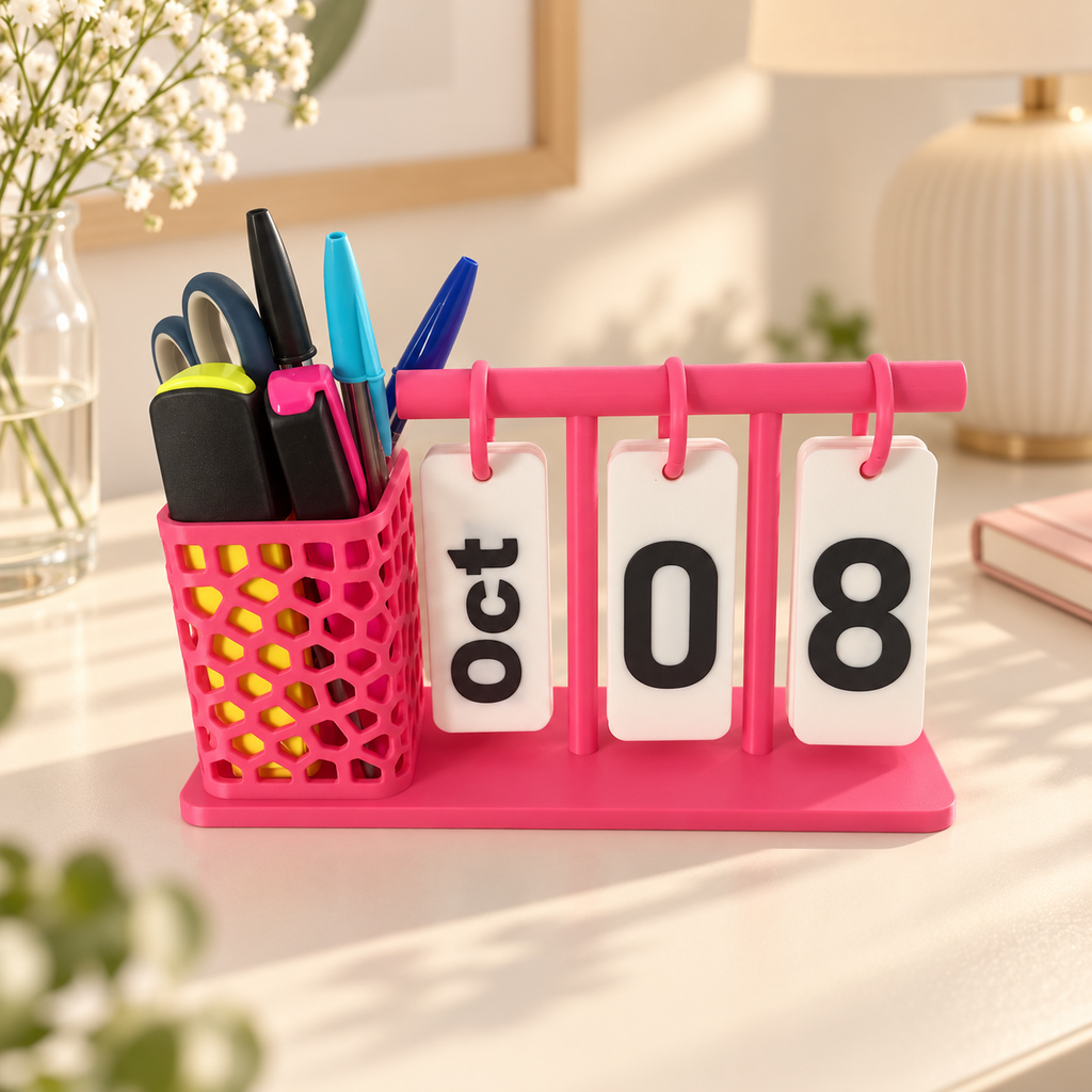 Pink desk calendar with hanging month and date cards and honeycomb-style pen holder