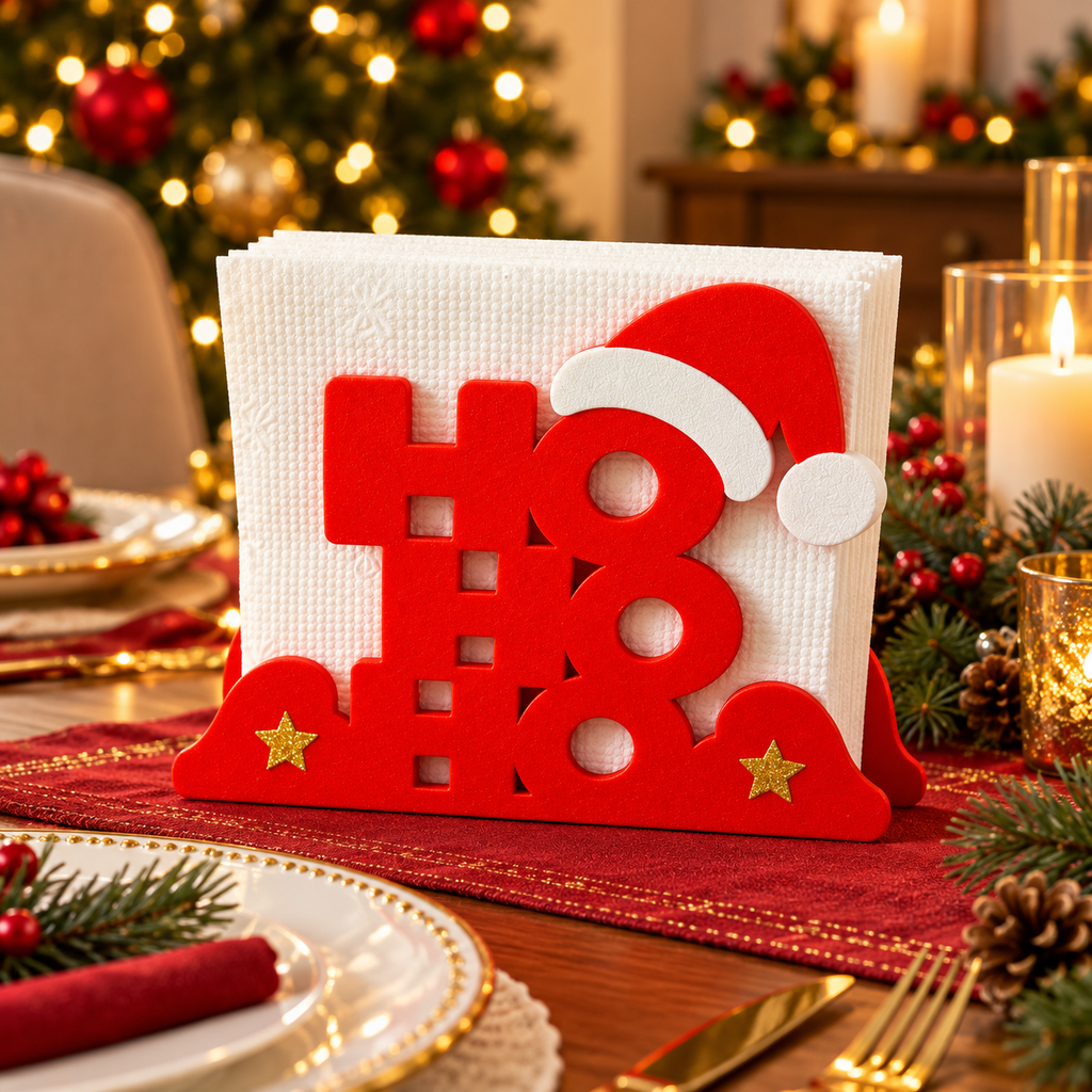 Ho Ho Ho napkin holder displayed on a festive Christmas dining table