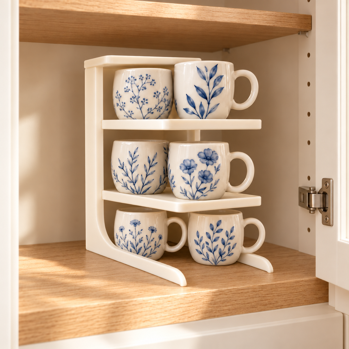 White tiered organiser displaying floral cups and mugs inside a kitchen cupboard