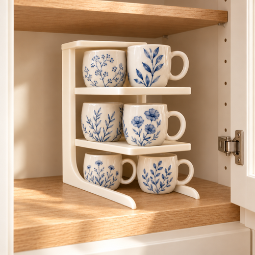 White tiered organiser displaying floral cups and mugs inside a kitchen cupboard