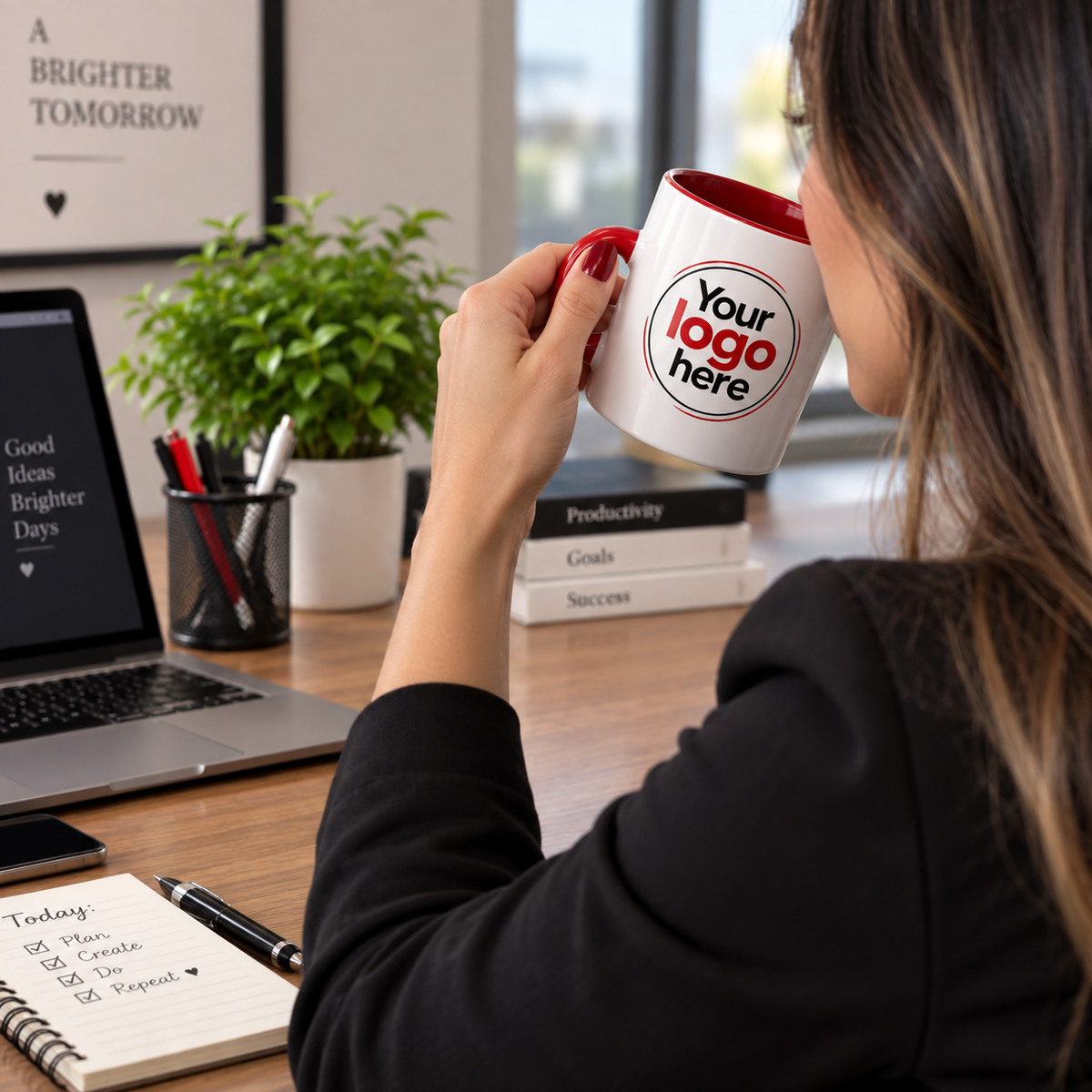 Woman holding custom logo corporate mug in office