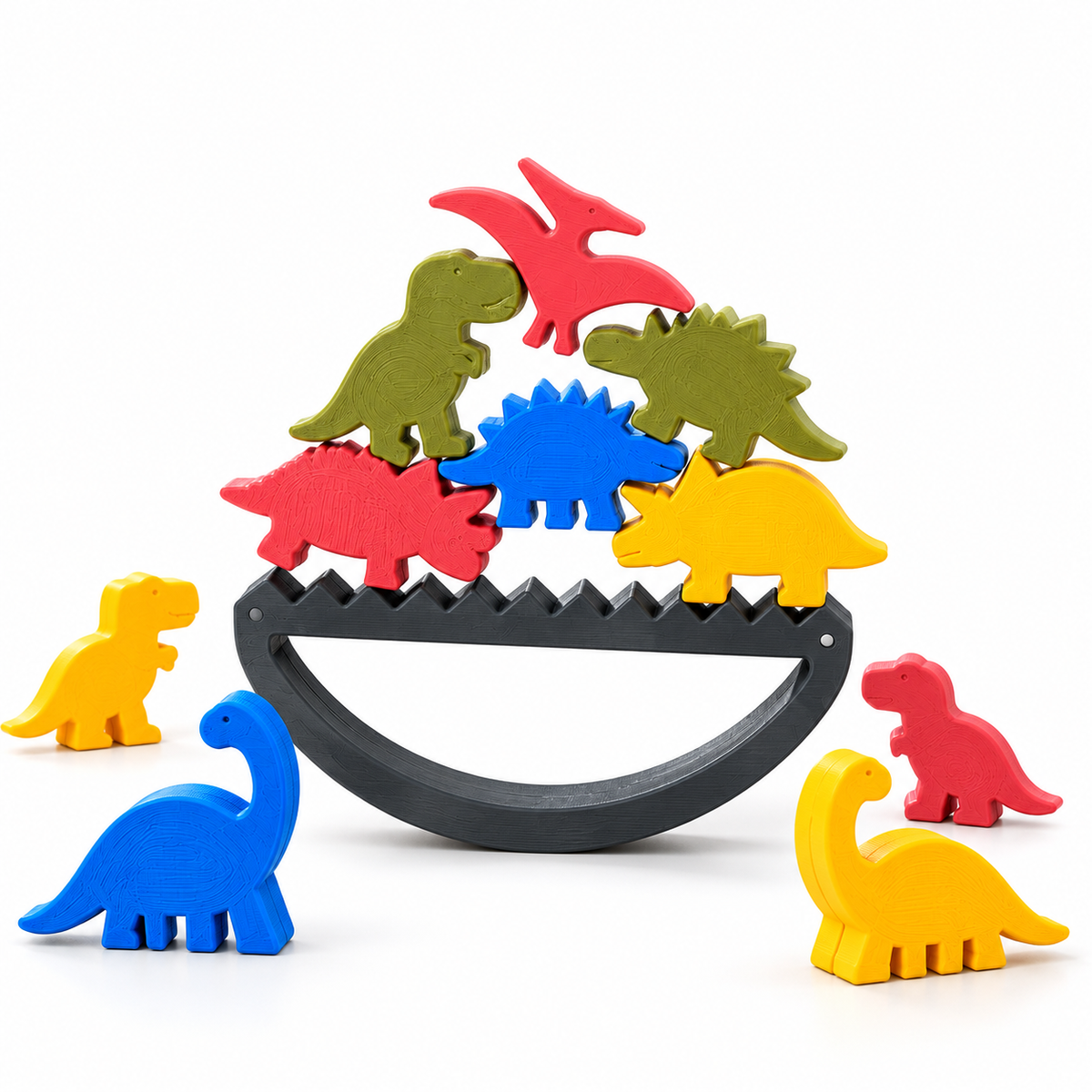 Colourful dinosaur stacking pieces arranged on a dark curved balancing base