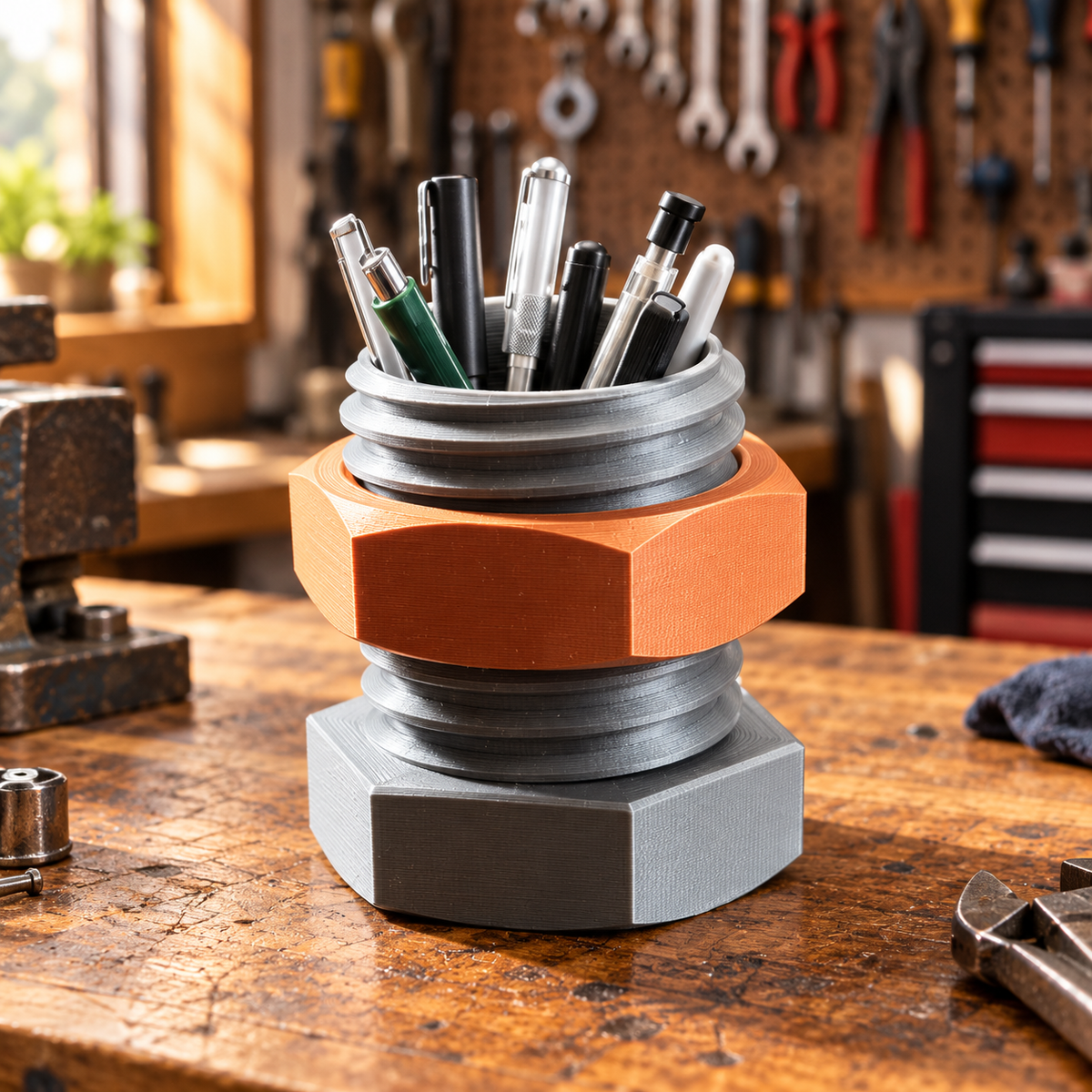 Nut and bolt-style pen holder displayed on a workshop bench