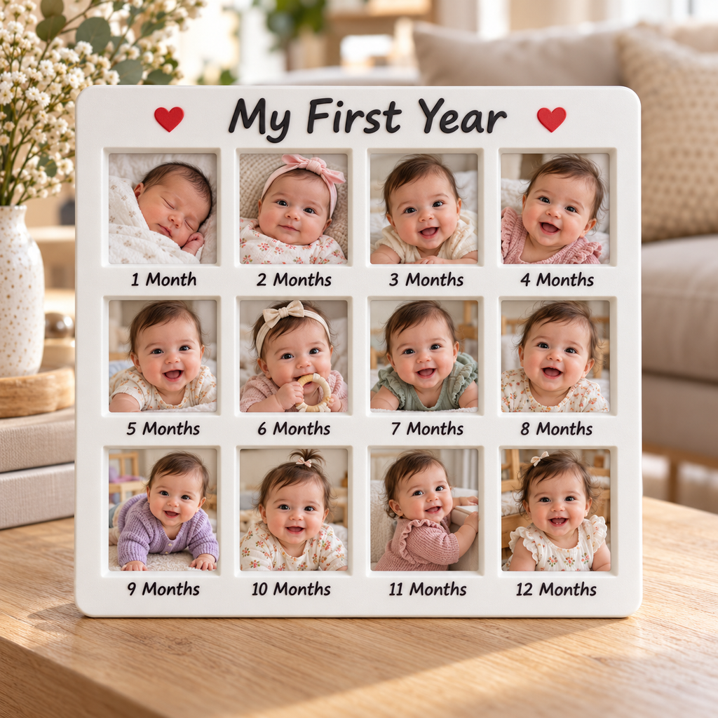 My First Year frame with twelve monthly baby photo spaces on a white background