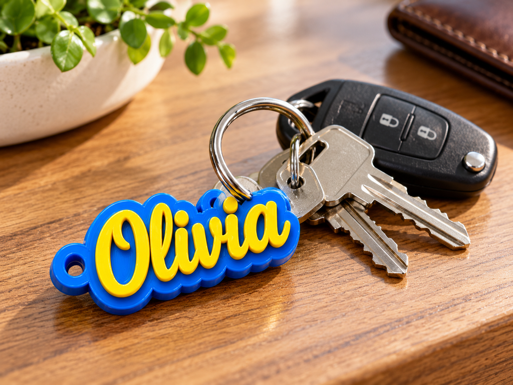 Olivia script name keyring with yellow lettering on a blue base, displayed with keys