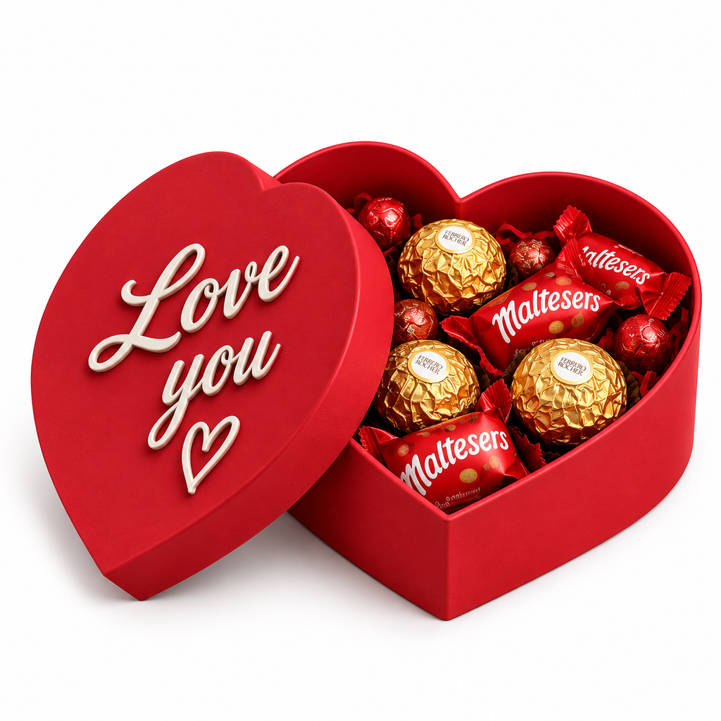 Red Love You heart gift box filled with Ferrero Rocher and Maltesers chocolates