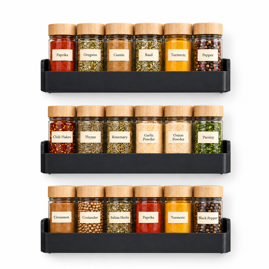 Three black spice organisers displayed with six spice jars each on a white background