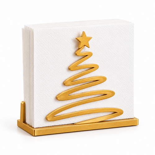 Gold Christmas tree napkin holder with a star topper, shown with white napkins