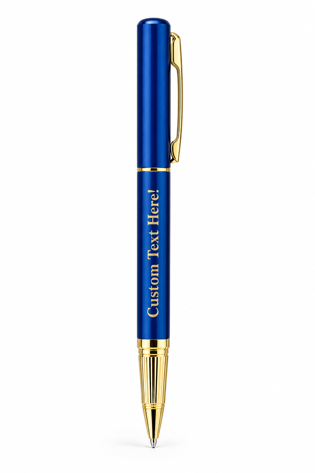 Personalised engraved royal blue and gold pen with custom text