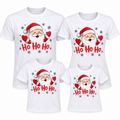 Family matching Christmas T-shirts with Santa Ho Ho Ho sublimation print, showing adult and kids sizes on white background
