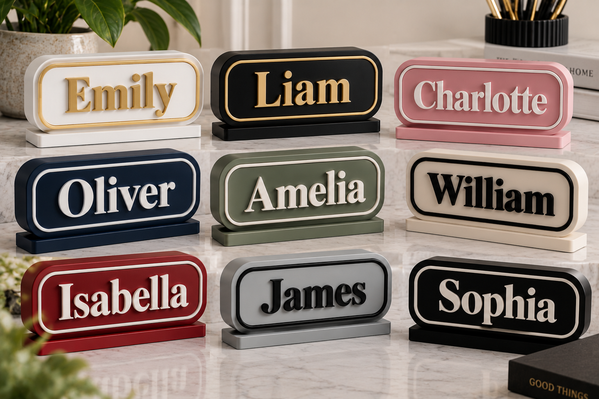 Grey personalised desk name plate with black raised name James on a stand