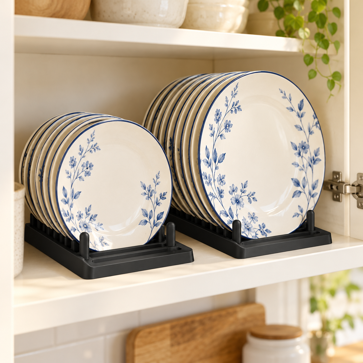 Black plate organisers holding floral plates inside a kitchen cupboard