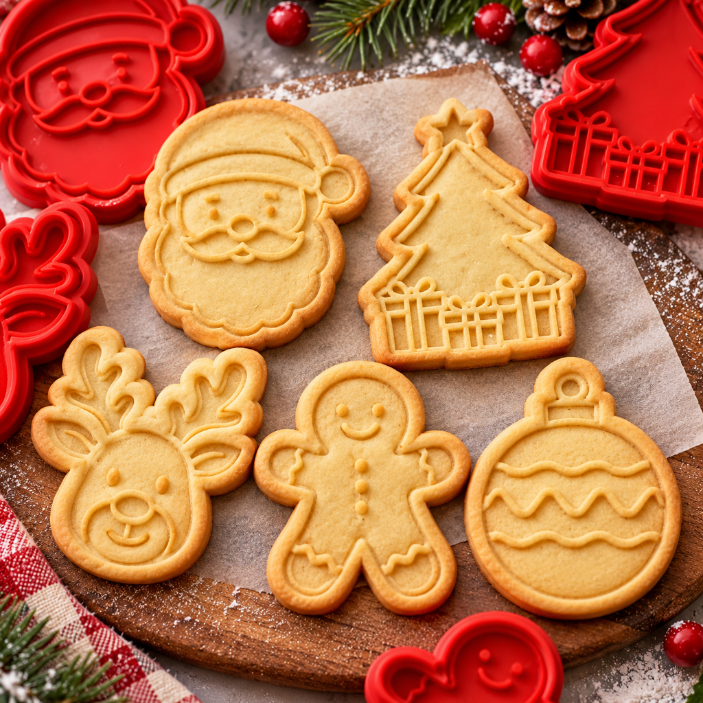 Christmas cookies featuring five festive stamped designs with red cookie stamps