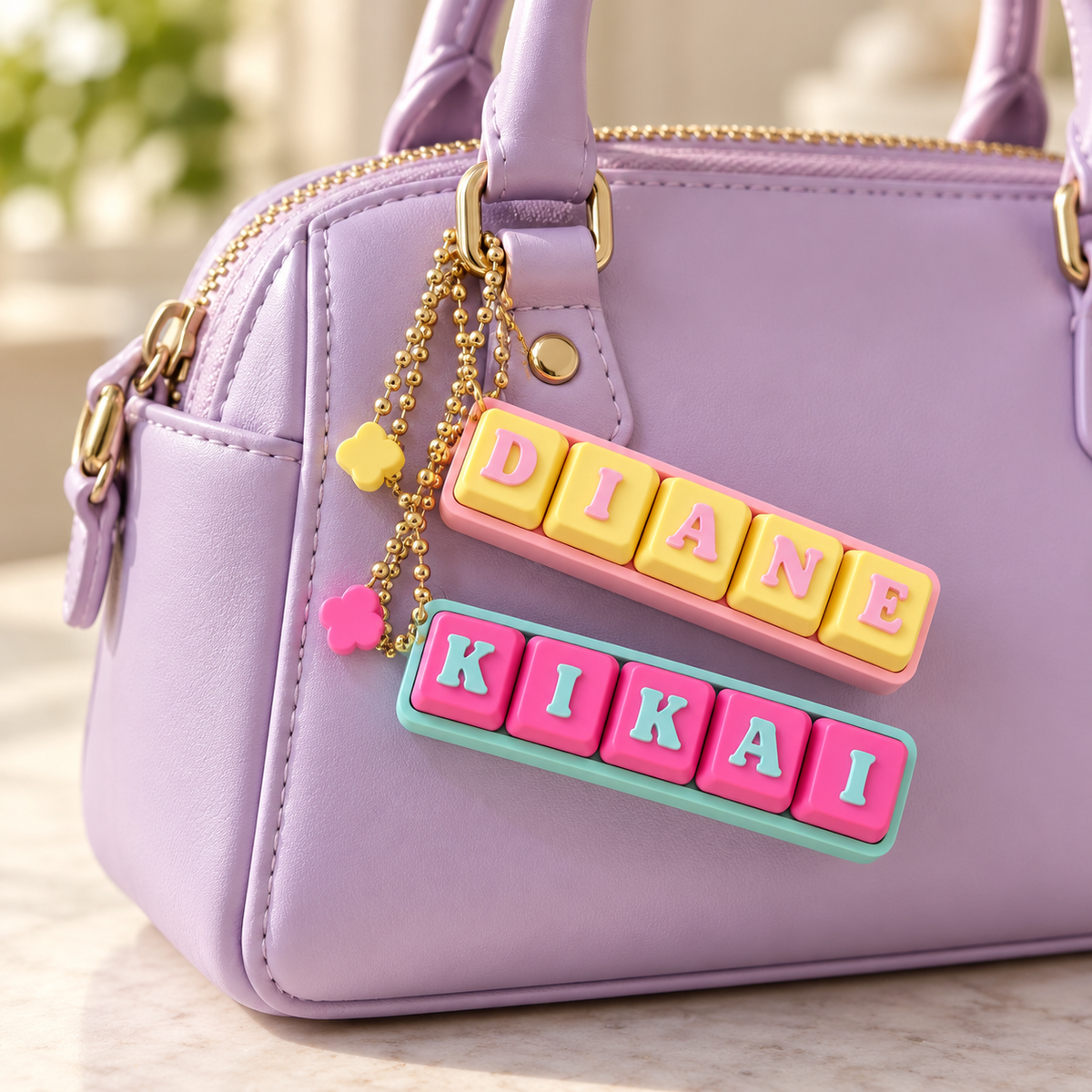 Personalised letter block name keyrings displayed on a lilac handbag; handbag not included