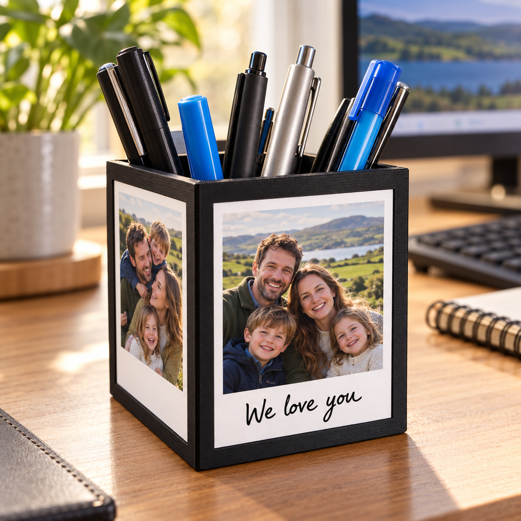 Black personalised photo pen holder displaying family photos on a desk