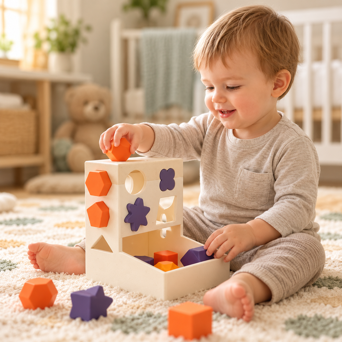 Child playing with a cream-coloured shape sorter with orange and purple pieces and an open collection tray