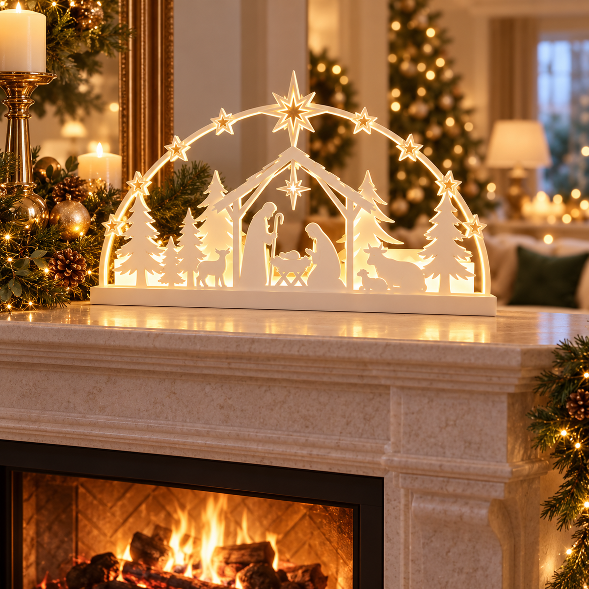 White nativity scene with star arch displayed on a decorated Christmas mantelpiece