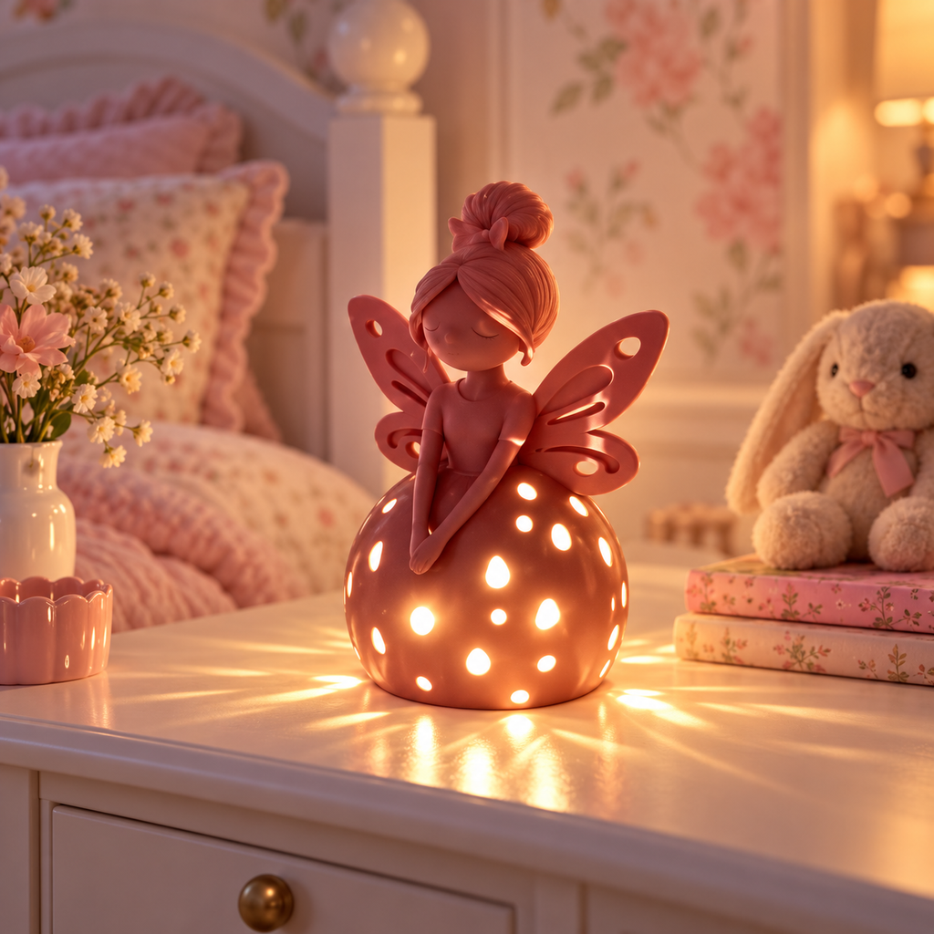 Pink fairy lamp glowing on a table in a softly decorated bedroom