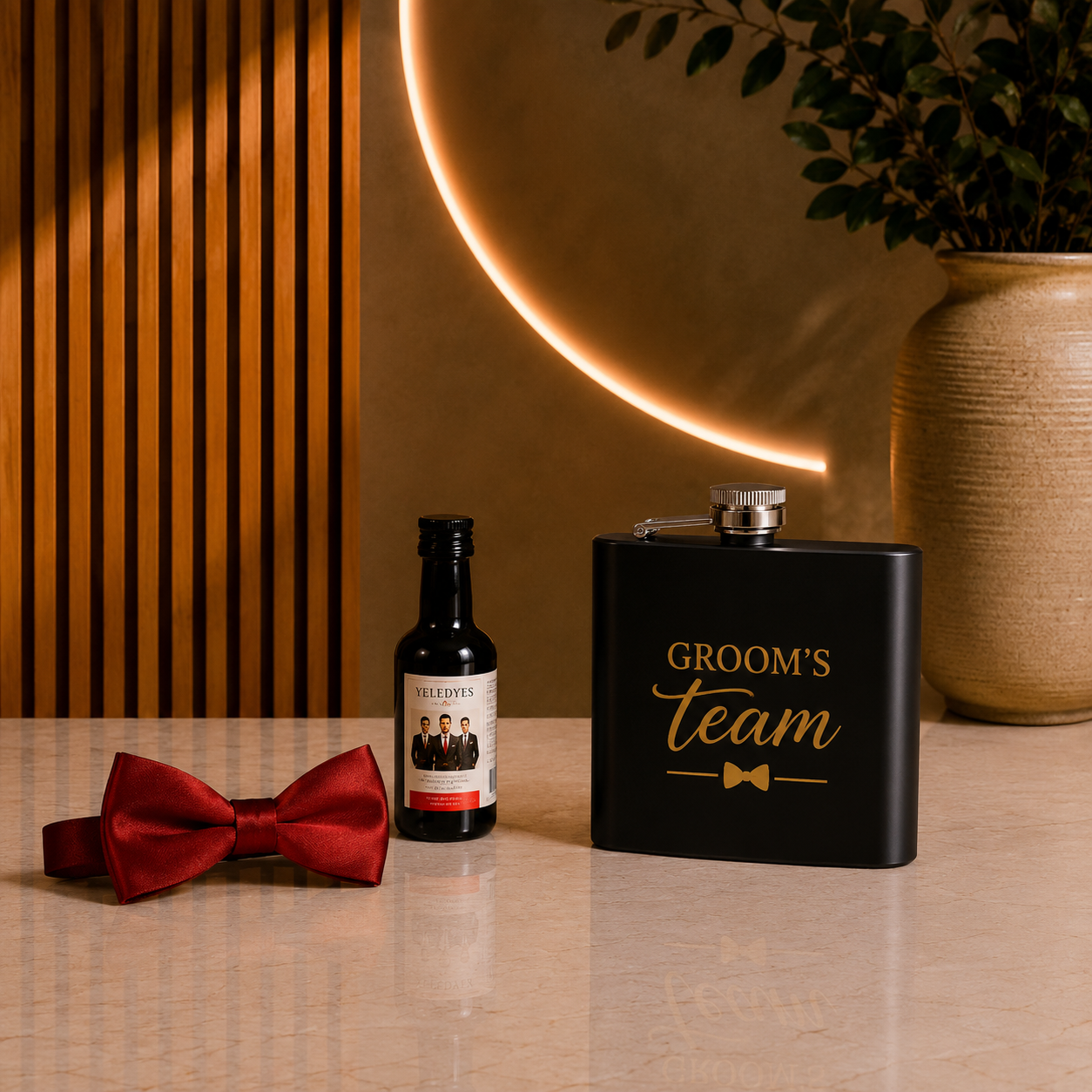 Groomsman Gift Kit – Personalised Flask, Bow Tie & Mini Bottle