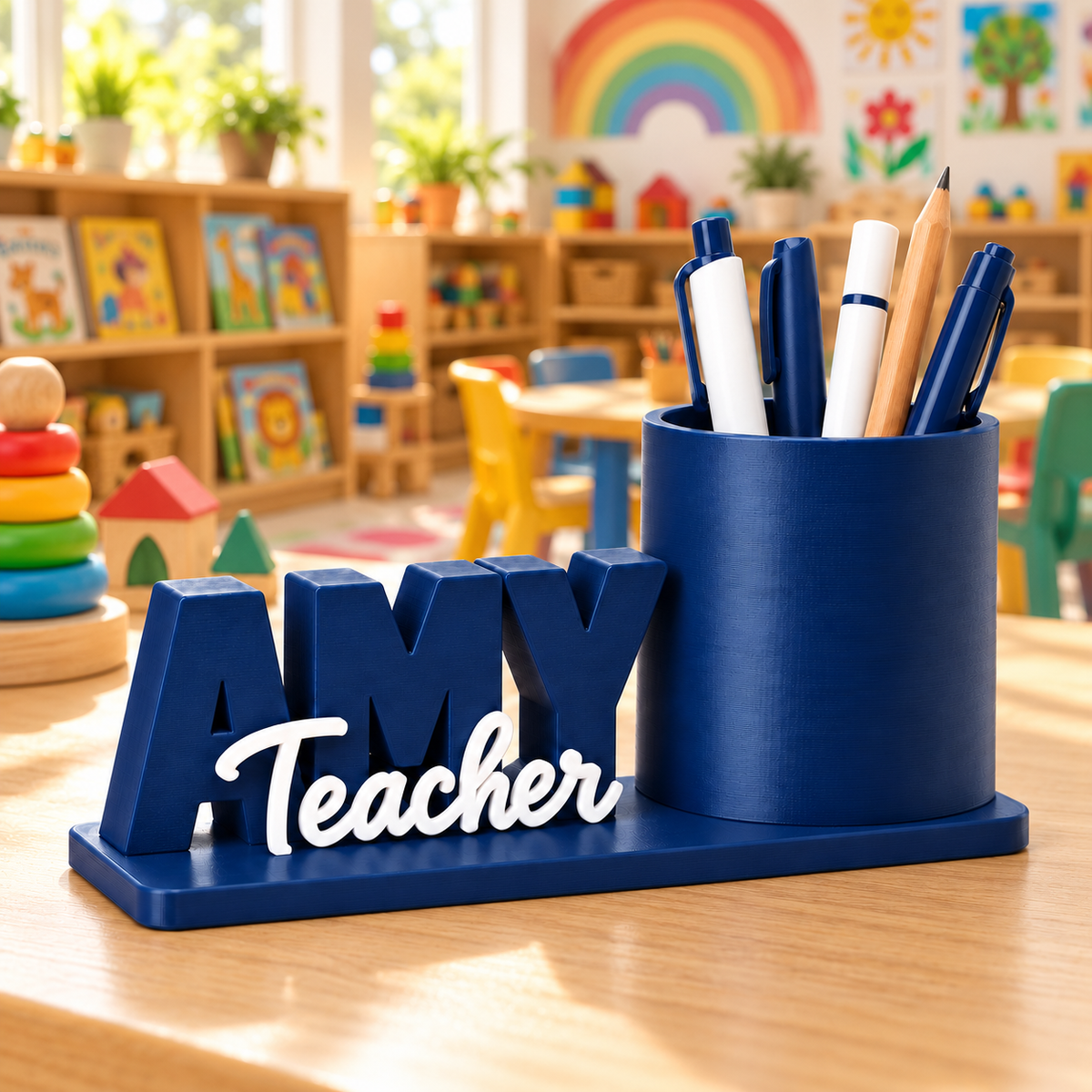 Personalised Amy teacher pen holder in navy blue and white on a white background