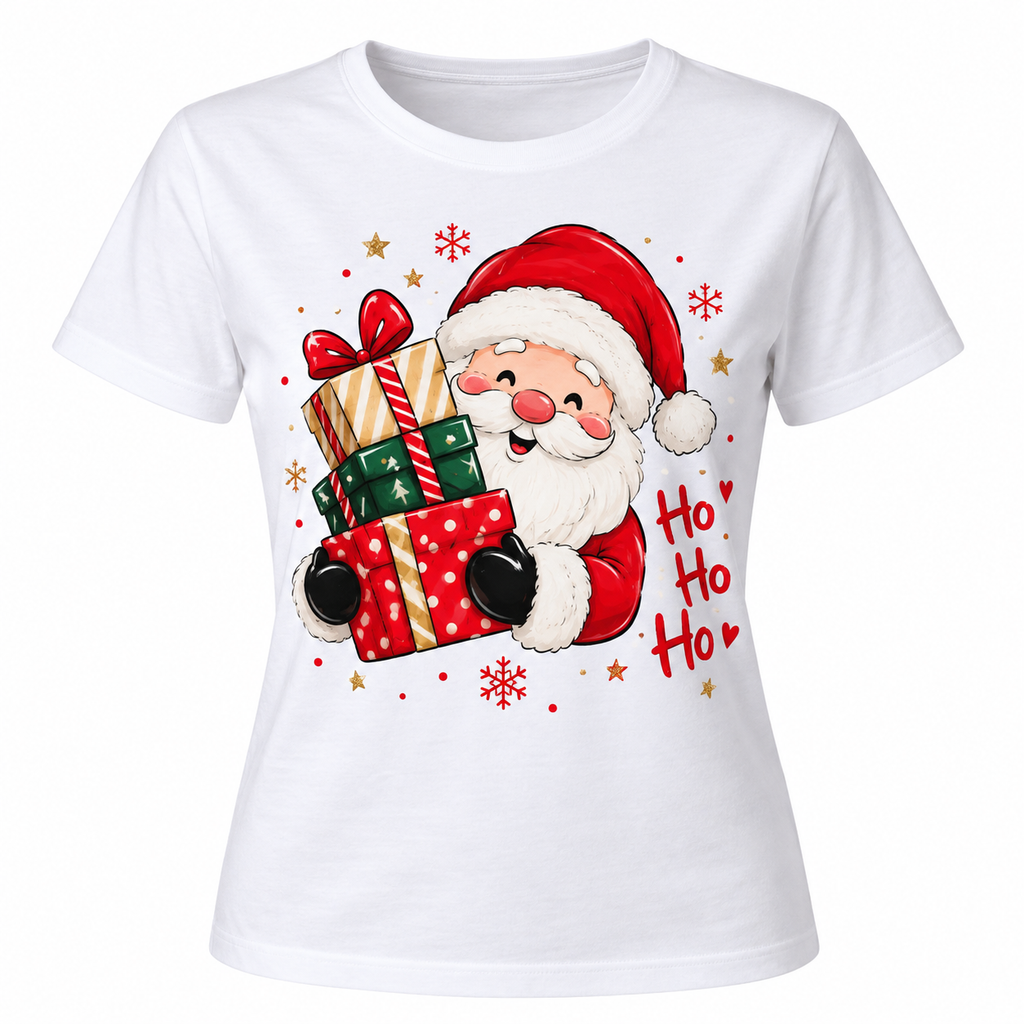 Women's white Christmas T-shirt with Santa Claus holding gifts and Ho Ho Ho sublimation print