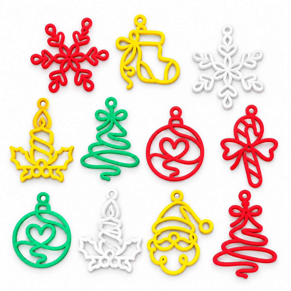 Colourful openwork Christmas ornaments in red, yellow, green and white