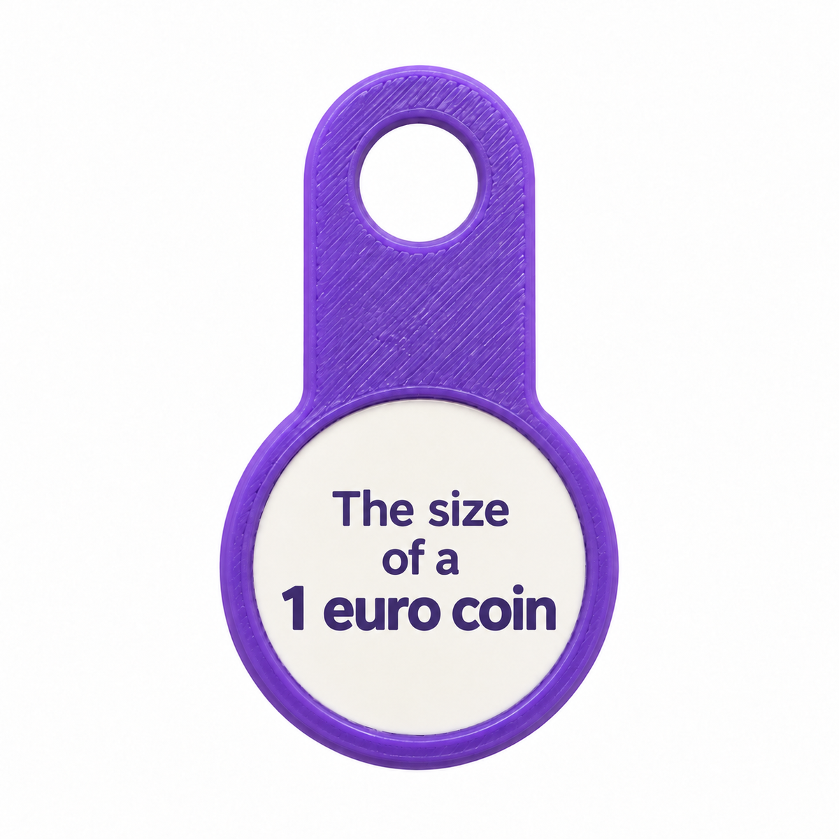 Purple shopping trolley token with a white circular centre and loop at the top.