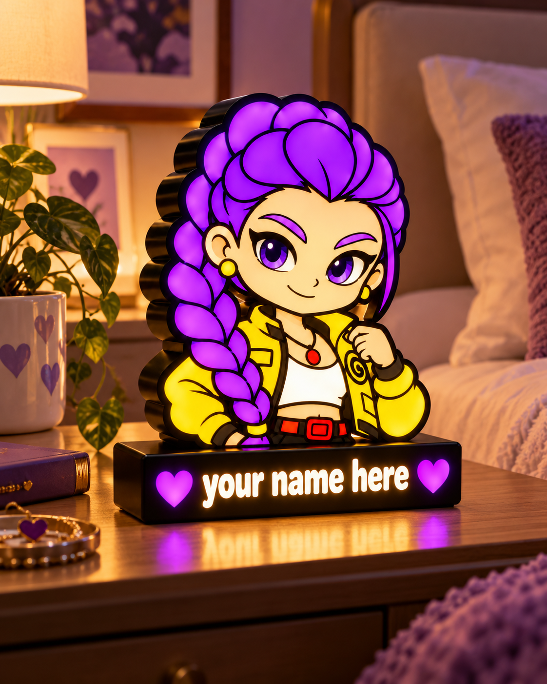 Purple-haired girl personalised LED lamp displayed on a bedside table
