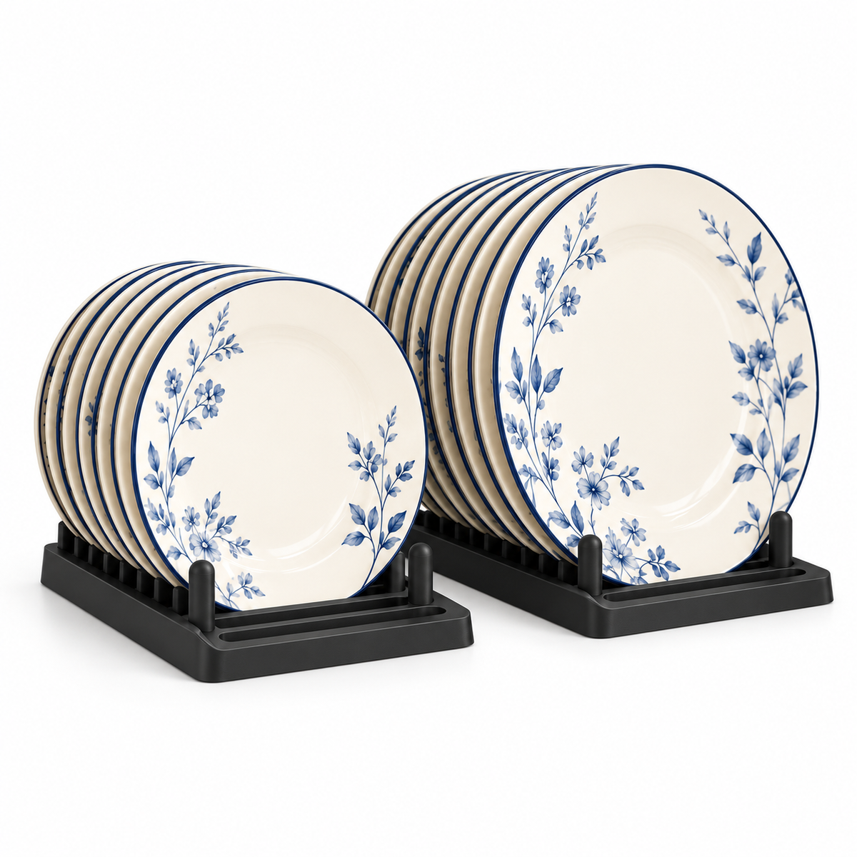 Black plate organisers holding floral plates on a white background